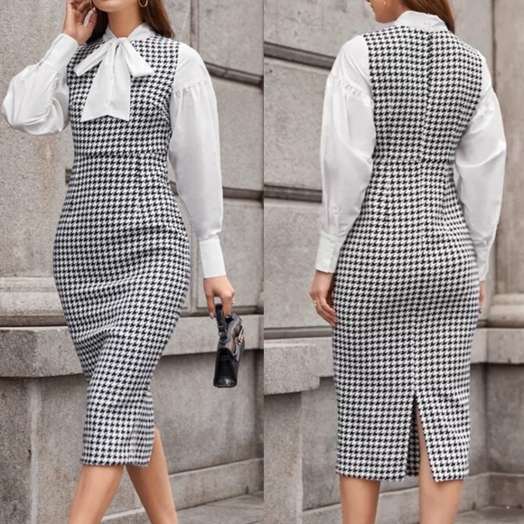 SHEIN Modely Tie Neck Bishop Sleeve Houndstooth 2 In 1 Dress office medium - Picture 1 of 8